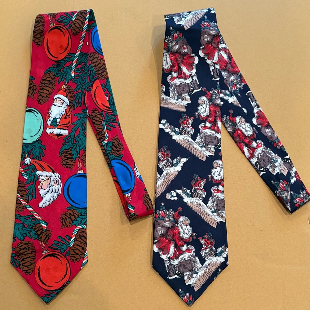 Vintage Holiday Christmas Neckties 100% Silk Addiction & Mervyns Santa Blue Red